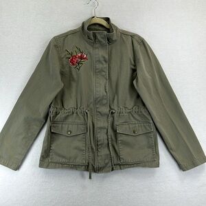 LOFT Outlet Embroidered Utility Jacket Sz M Green Drawstring Zip/Snap Front